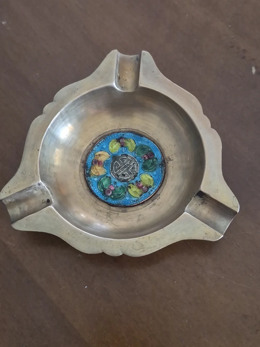 Pair of Antique Chinese Brass Ashtray With Enamel Bat Decoration
